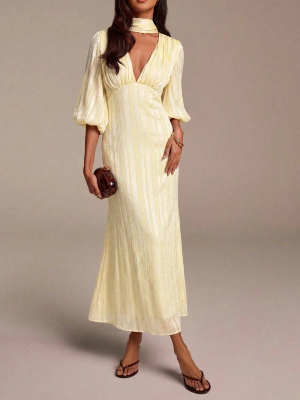 Pale Yellow Striped Maxi Dress with Scarf Neck & Balloon Sleeves